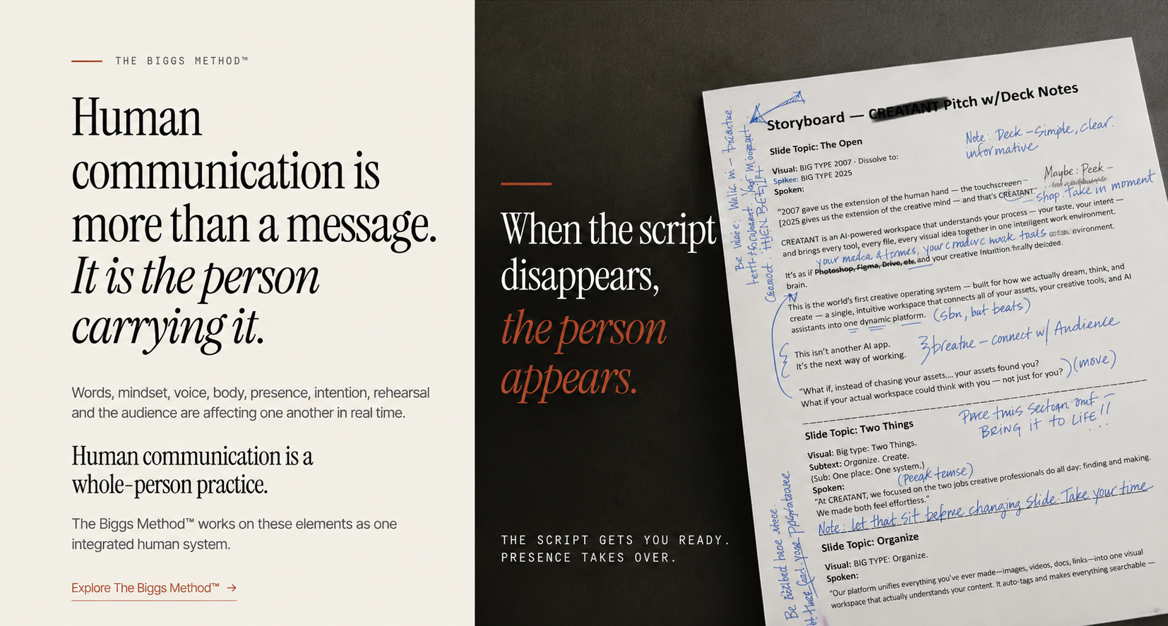 The Biggs Method™: the headline and section copy beside a black panel reading “When the script disappears, the person appears.” over a marked-up pitch script covered in handwritten rehearsal notes.